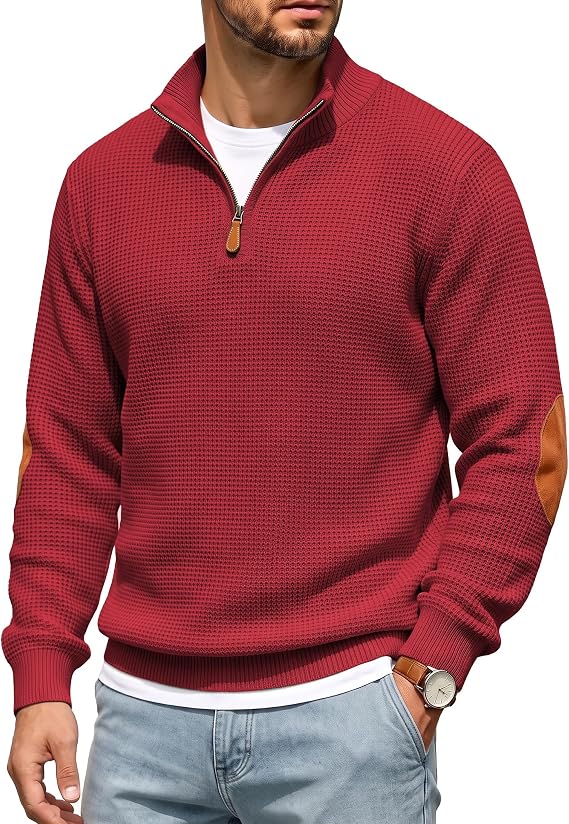JMIERR Men's Waffle Knit Sweater Pullover Quarter Zip Suede Patch