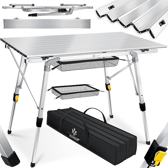 KESSER Folding camping table with aluminium frame and height adjustable incl. carry bag with strap 90 x 53 cm, load capacity up to 30 kg, silver