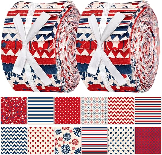 Hosuly 40 Pcs 4th of July Patriotic Fabric Red White and Blue Fabric American Flag Star Quilting Strip 2.55" Precut Patchwork for USA Memorial Day 250th Aniversary DIY Craft Sewing Material
