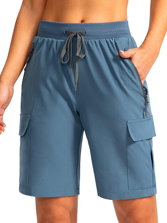 Soothfeel Women's 9" Hiking Cargo Shorts with 5 Pockets Quick Dry Summer Athletic Golf Bermuda Long Shorts for Women Casual