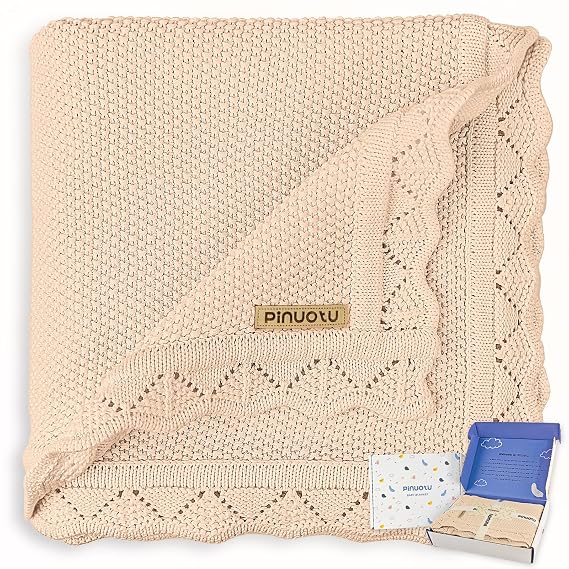 Knitted Baby Blanket for Boys & Girls, 100% Cotton Receiving Swaddle Crib & Stroller Blanket for Newborns, Infants, Toddlers, Cream, 40 x 31 Inches