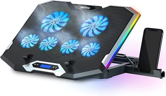 TopMate C11 Laptop Cooling Pad RGB Gaming Notebook Cooler, Laptop Fan Stand | Adjustable Height with 6 Quiet Fans and Phone Holder, Computer Chill Mat, for 15.6-17.3 Inch Laptops - Blue LED Light