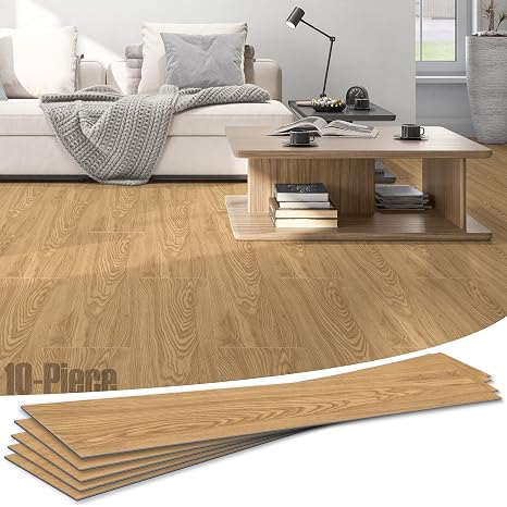 Noise Reducing Floor Mats 10PCS, Quiet Wood Grain Vinyl Floor Tiles 48x7.3 Inch, Waterproof Anti-Slip Floor Covering, Need Glue Easy Lay Installation for Bedroom, Living Room