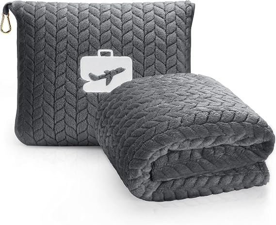 EverSnug Travel Blanket & Pillow 68x42 - Premium Ultra-Soft Microfleece 2 in 1 Compact & Packable Flight Blanket with Soft Bag Pillowcase, Hand Luggage Sleeve and Backpack Clip (Grey)