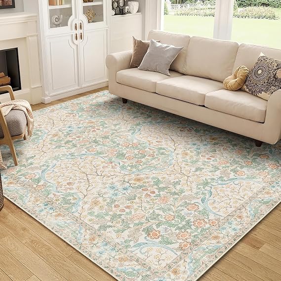 MUJOO 5x7 Area Rugs Washable Floral Non Slip Ultra-Thin Botanical Large
