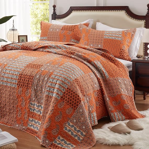LEAONME 2 Pieces Twin Size Quilt Set Burnt Orange Rust Paisley Bedspread Coverlet Lightweight Microfiber Bedding Set 68x86 Inch Bed Cover for All Seasons (1 Quilt, 1 Pillow Sham)