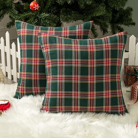 AQOTHES Pack of 2 Christmas Plaid Decorative Throw Pillow Covers Scottish Tartan Cushion Case for Farmhouse Home Holiday Decor Red and Green, 16 x 16 Inches