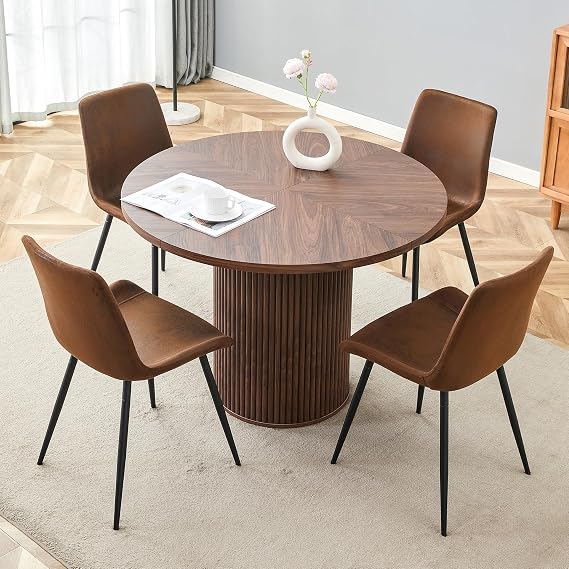 Minimalist Round Table Set with 1 Table and 4 Chairs. Round Dining Table Made of MDF with 100 cm Diameter in Wood Look (Walnut Wood 4 Brown + Black Chairs)