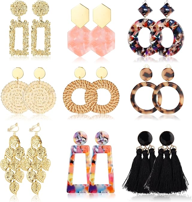 9Pairs Clip on Drop Earrings for Women, Non Piercing