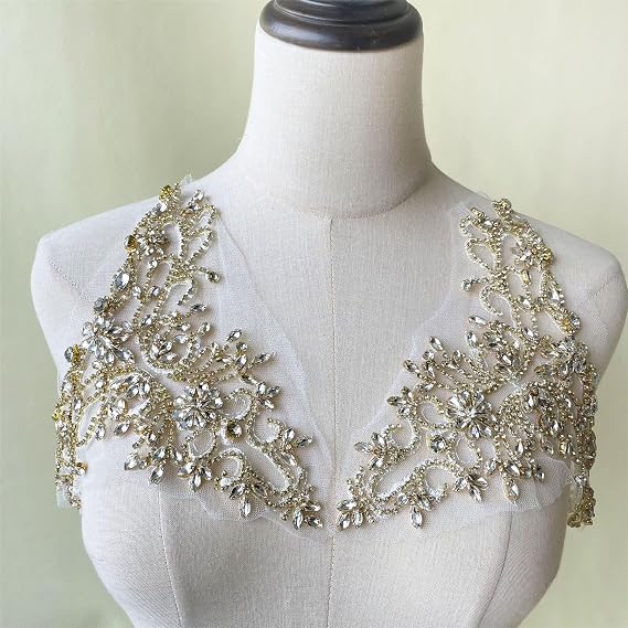 Sparkling Rhinestone Applique Diamante Crystal Lace Patch Craft Sewing on Bridal Wedding Dress (Gold,1 Pair)