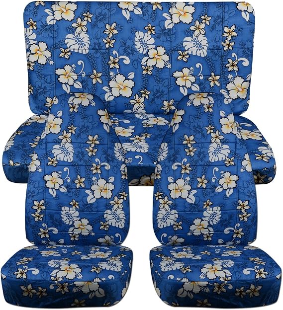 Totally Covers Compatible with 1997-2006 Jeep Wrangler TJ Hawaiian Seat Covers: Blue w Flowers - Full Set: Front & Rear (4 Prints) 2-Door Complete Back Bench