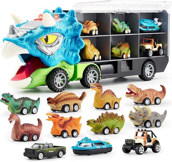 JOYIN 13 in 1 Dinosaur Toys for Kids 3-5, Triceraptor Dinosaur Truck with 12 Pull Back Cars, Birthday Gifts Toys for 3 4 5+ Year Old Boy, Transport Carrier Truck
