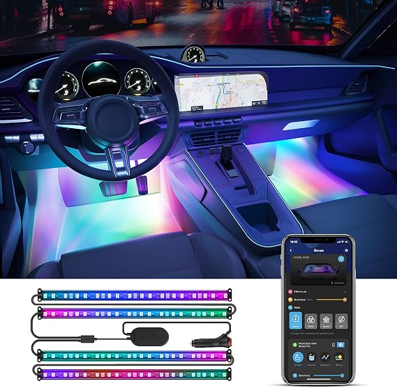 Govee Car LED Strip Lights, Smart RGBIC Interior Car Lights, APP Control | 4 Music Modes and 16 Million Colors, 2 Lines Design LED Lights for Car Decor, DC 12V