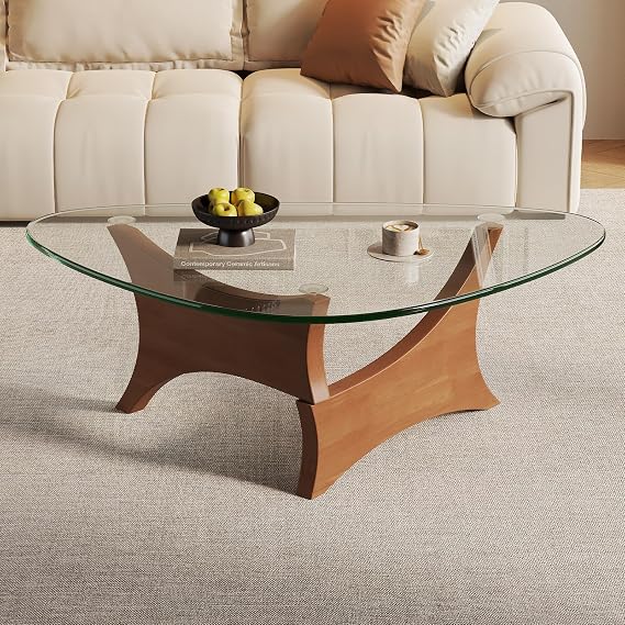 Modern Glass Coffee Table for Living Room, Mid Century Modern Triangle Coffee Table with Tempered Glass Top & Solid Wood Base, Noguchi Style Small Center Table for Apartment(Walnut/Transparent,Large)