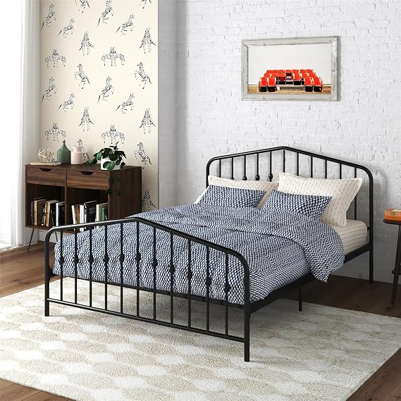 Novogratz Bushwick Queen Bed Frame Metal with Slightly Triangular Headboard, Inset Spindles, Adjustable Base for Storage, No Box Spring Needed, Black