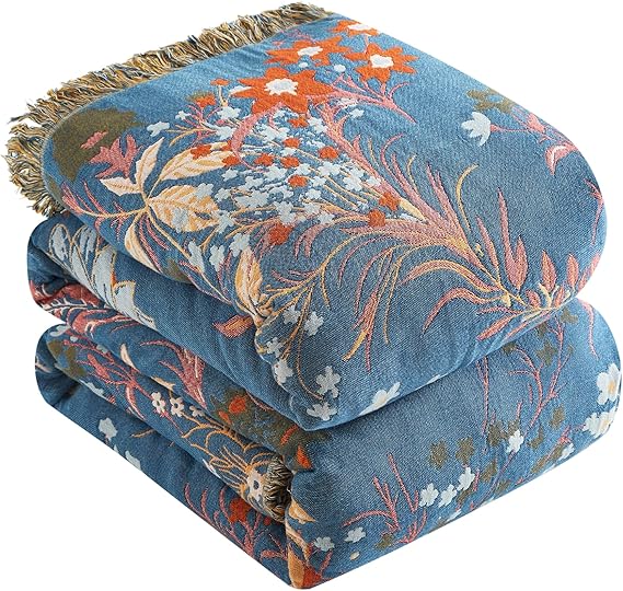 Bailix Premium Bohemian throw, 100% Cotton Cuddly Blanket with Fringes, Double-Sided Muslin, Boho Blanket, 150 x 200 cm, Cuddly Sofa Blanket and Bed Throw, Patchwork, Blanket for Room Blue/Beige