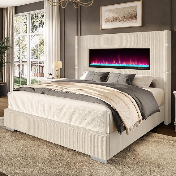 LUXOAK 60.4" California King Upholstered Bed Frame with Fireplace, Cream