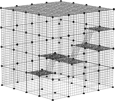 PawHut Cat Cage Indoor, Detachable Wire Cat Kennel with Hammock, 4 x 4 x 4 DIY 4 Tier Cat Enclosure with Jump Platforms, Ramps, Doors, for 13 Cats, 55 L x 55 W x 55 H, Black