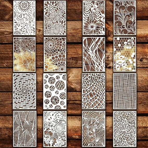 16Pcs Texure Stencils for Crafts Reusable 11x7in Stencils for Painting Wood Grains Flower Templates Mixed Media for Painting for Art for Scrapbooking, Journaling, and DIY Crafts (Pattern 1)