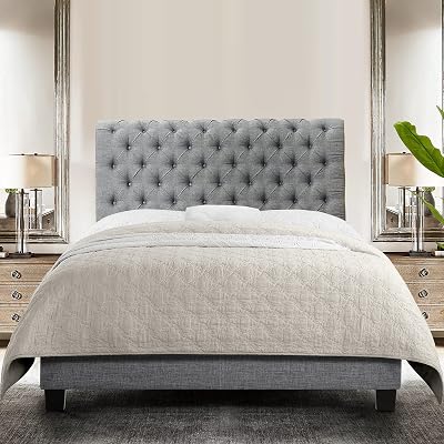 Rosevera Corrine Upholstered Bed Frame with Button Tufting HeadboardAdjustable HeadboardRolled Head Headboard Bed FrameWood Slat SupportEasy Assembly,Queen,Dove