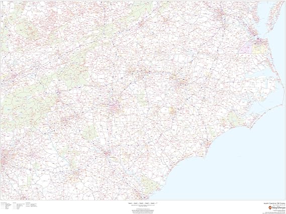 North Carolina Zip Code Map - 48" x 36" Paper