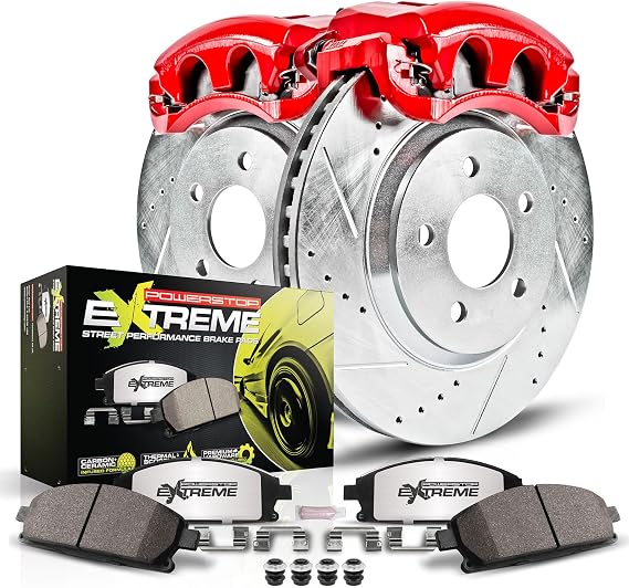 PowerStop Front Brake Kit for Saab 9-2X 2005-06 |Subaru Baja 2003-06 |Forester 2003-08 - Drilled & Slotted Disc Rotors + Carbon-Fiber Ceramic Brake Pads + Red-Powder Coated Calipers, KC2373-26
