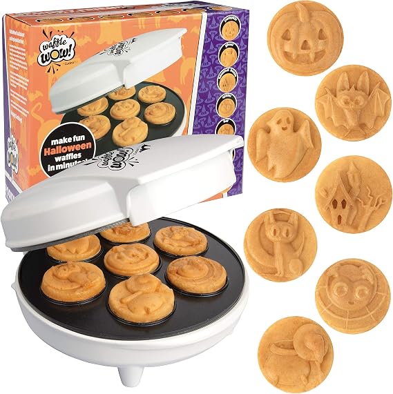 Halloween Mini Waffle Maker - 7 Different Spooky Designs, Make Breakfast Fun with Electric Nonstick Waffler Iron Featuring a Pumpkin Bat Ghost Spider & More, Unique Holiday Breakfast for Kids or Gift