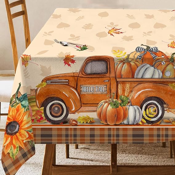 Hexagram Fall Tablecloth 60x84 Inch Rectangular, Truck Fall Table Cloth | Pumpkin Decor, Orange Autumn Harvest Tablecloth, Home Kitchen Dining Decor