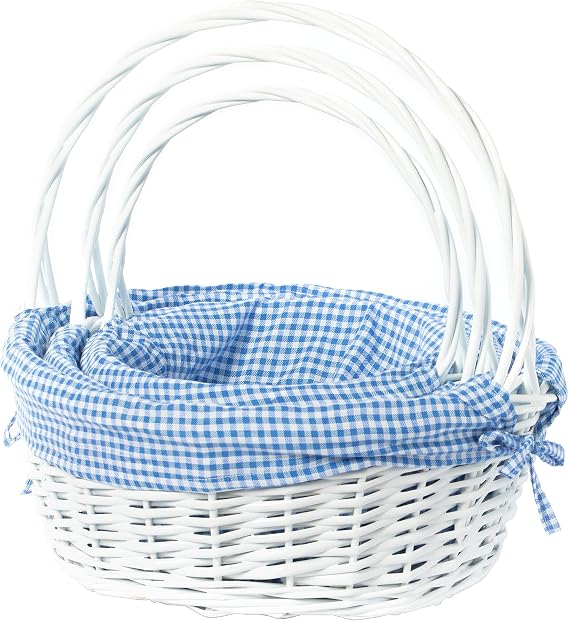 White Round Willow Gift Basket, with Gingham Liner and Handle