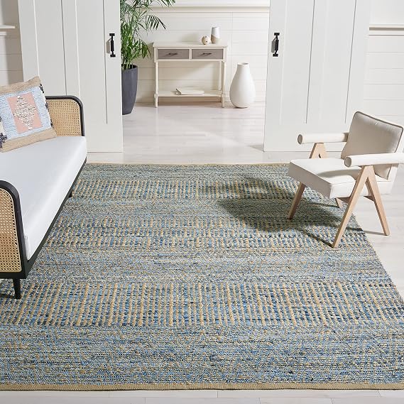 SAFAVIEH Cape Cod Collection Area Rug - 10' x 14', Natural & Blue, Handmade Flat Weave Coastal Braided Jute, Ideal for High Traffic Areas in Living Room, Bedroom (CAP353A)
