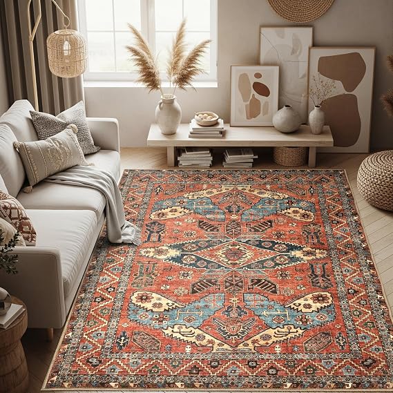 Boho Oushak Rug 8' x 10' Washable Large Vintage Turkish Area Rug with Non-Slip Backing Foldable Soft Indoor Carpet for Living Room, Bedroom, or Dining Room