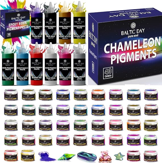 BALTIC DAY 10 Pigment Pastes [20g] + 40 Chameleon Mica Powders for Epoxy Resin Set - Epoxy Resin Color Pigment - Chameleon Pigments